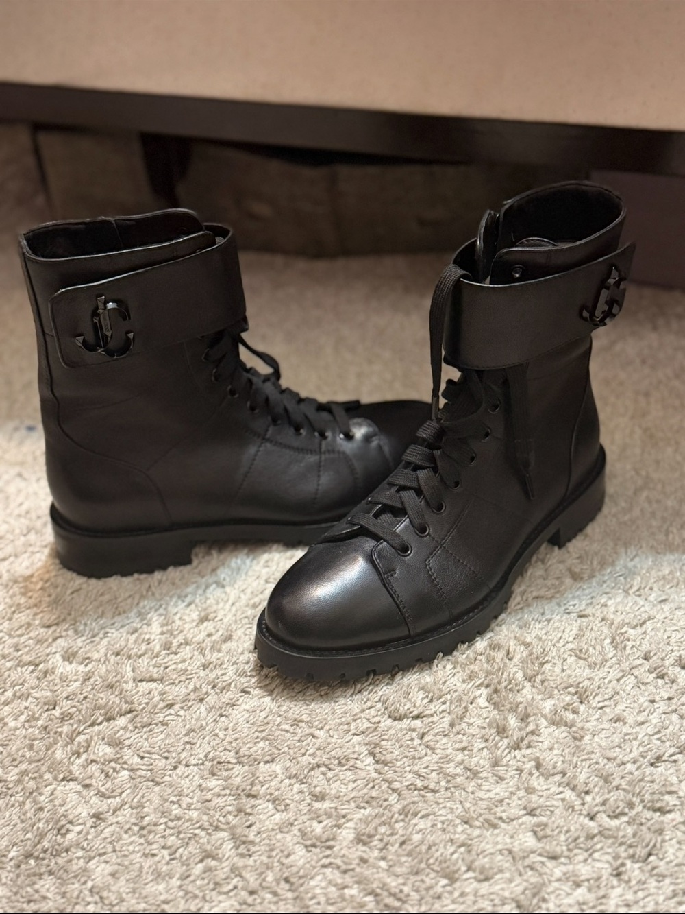 Jimmy Choo Women's Black Lace-Up Combat Boots with Fold-Over Cuff - Picture 13 of 15